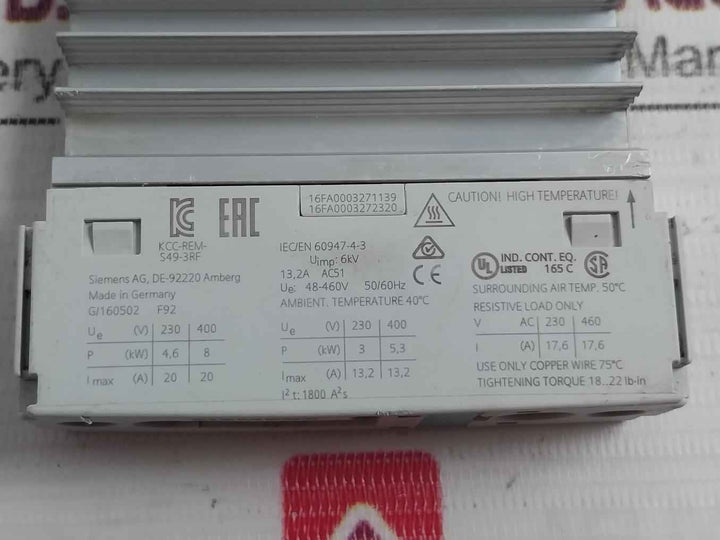 Siemens 3Rf2320-1Aa04 Solid State Contactor 48-460V 50/60 Hz 16Fa0003271139