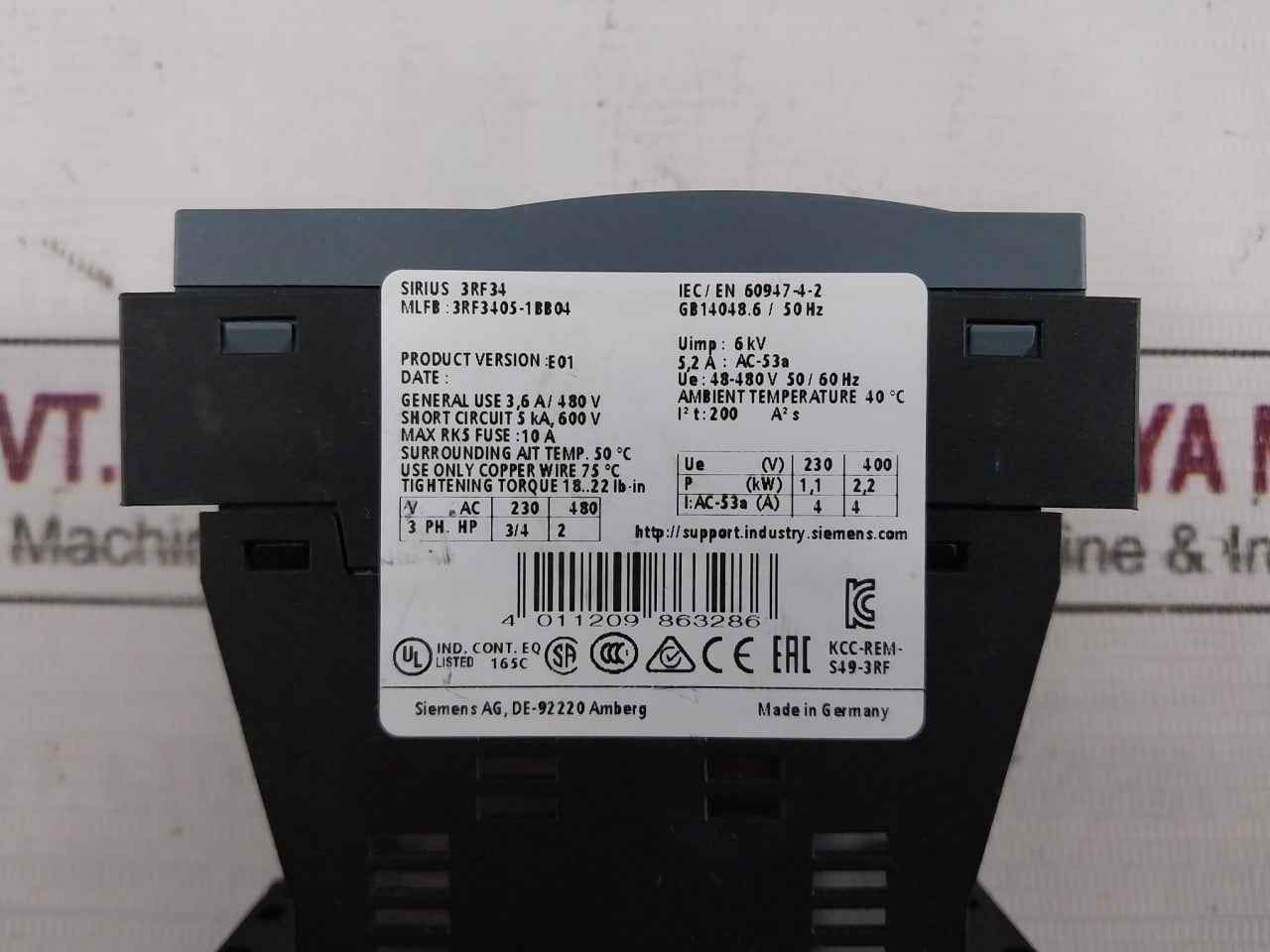 Siemens 3Rf3405-1Bb04 Solid-state Contactor 24V Dc 48-480V 50/60Hz 40C