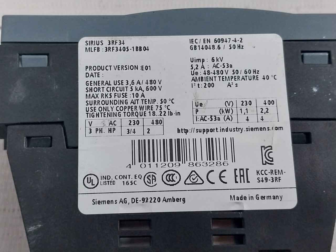 Siemens 3Rf3405-1Bb04 Solid-state Contactor 24Vdc Iec/En 60947-4-2