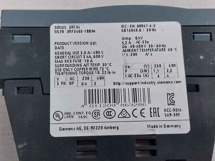 Siemens 3Rf3405-1Bb04 Solid-state Contactor 24Vdc Iec/En 60947-4-2