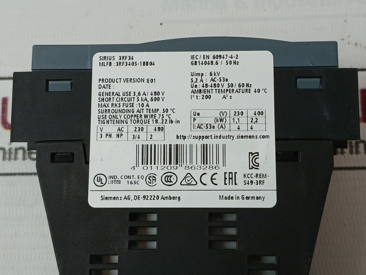 Siemens 3Rf3405-1Bb04 Solid-state Contactor 50/60Hz 48-480V Rev 03