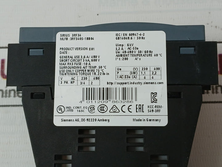 Siemens 3Rf3405-1Bb04 Solid-state Contactor 50/60Hz 48-480V Rev 03
