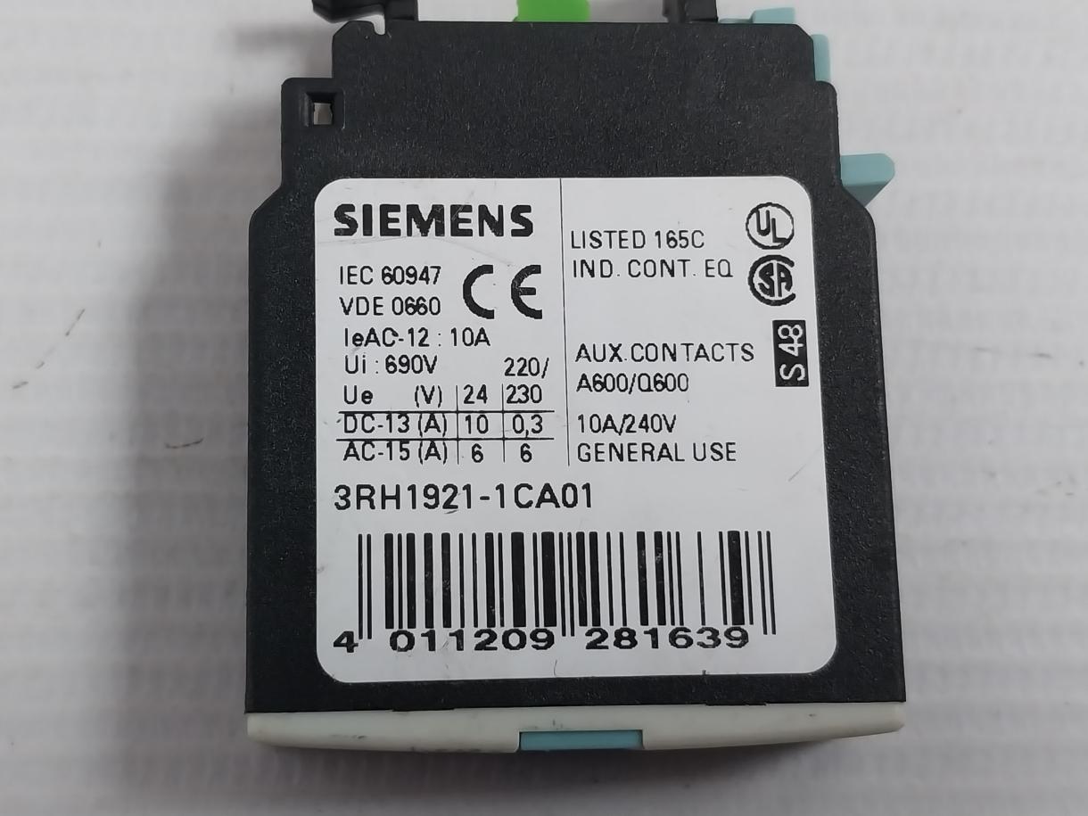 Siemens 3Rh1921-1Ca01 Front Auxiliary Contact Block 10A 690V
