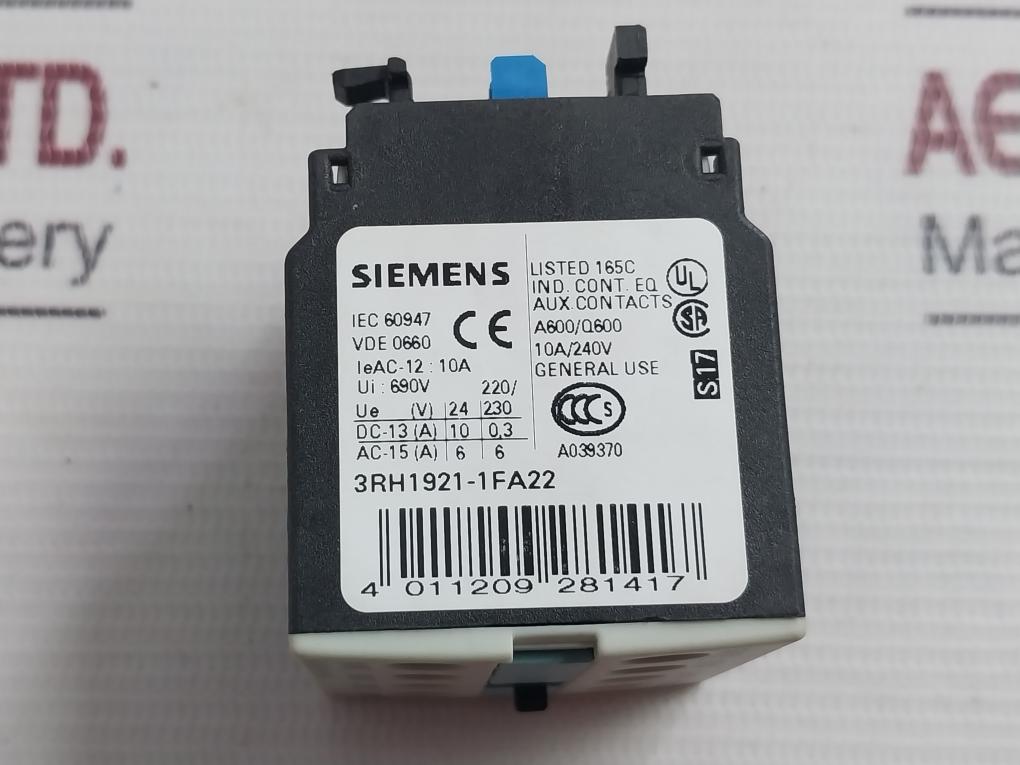 Siemens 3Rh1921-1Fa22 Auxiliary Switch Block 3Zx1012-0Rt02-1Aa1 10A/240V 690V