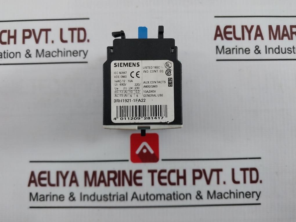 Siemens 3Rh1921-1Fa22 Front Mount Auxiliary Contactor Block Lo050912 690V