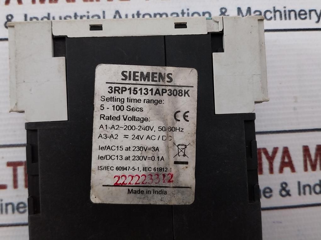 Siemens 3Rp1513-1Ap30 Time Relay 5-100 Secs, 200-240V, 50/60Hz