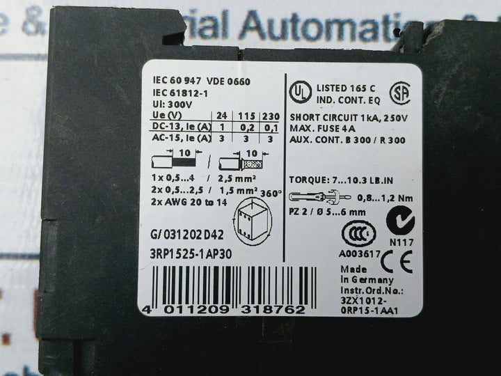 Siemens 3Rp1525-1Ap30 Time Relay 3Zx1012-0Rp15-1Aa1 300V
