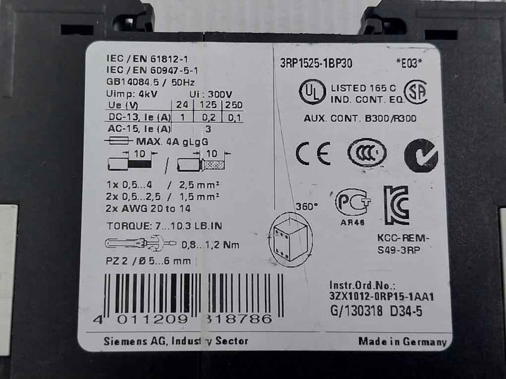Siemens 3Rp1525-1Bp30 On-delay Timer Relay 24Vac/Dc 200-240V/Ac