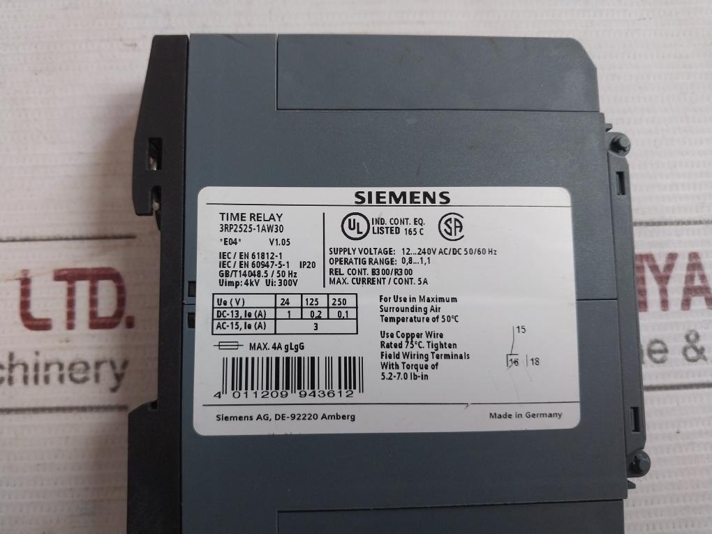 Siemens 3Rp2525-1Aw30 Timing Relay Ip20 12-240V Ac/Dc 50/60Hz 5A 300V 4Kv