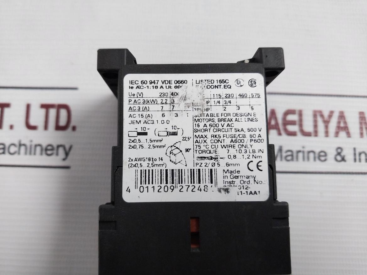 Siemens 3Rt1015-1Ab01 Power Contactor 24V 50/60Hz 16A 600Vac 5Ka