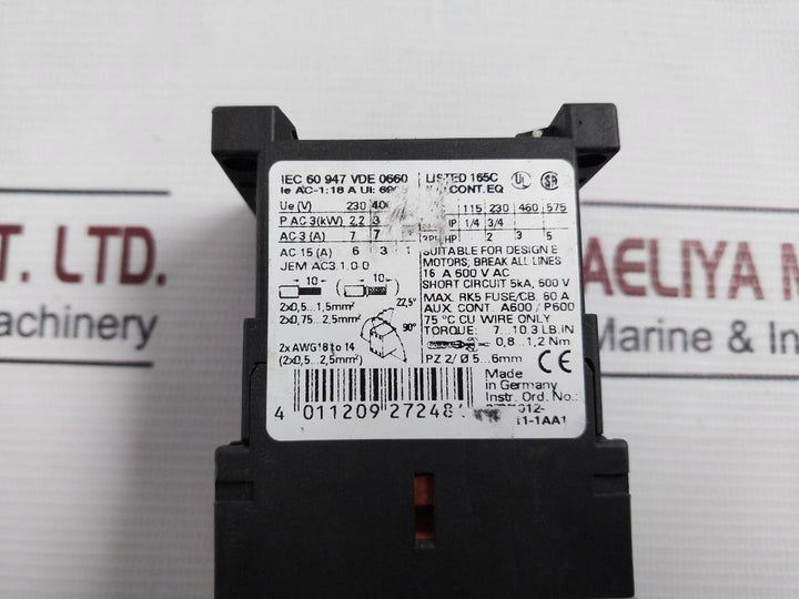 Siemens 3Rt1015-1Ab01 Power Contactor 24V 50/60Hz 16A 600Vac 5Ka