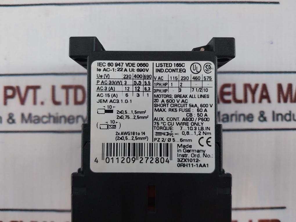 Siemens 3Rt1017-1Ab01 Sirius Contactor 24V 22A 690V Ac