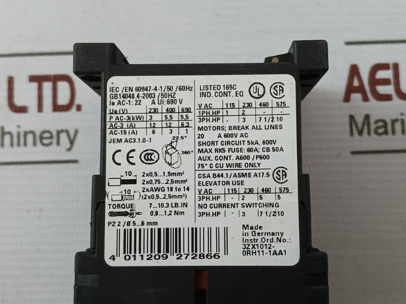 Siemens 3Rt1017-1Bb41 Power Contactor Dc24V 20A 600Vac 0.8-1.2Nm G/081128