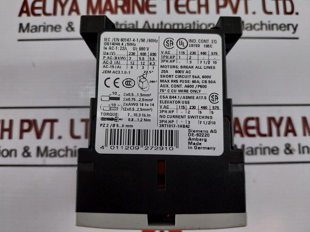 Siemens 3Rt1017-1Hb42 Power Contactor Ie Ac-1: 22A 690 V 5Ka, 600V Aux.Cont. A600/P600