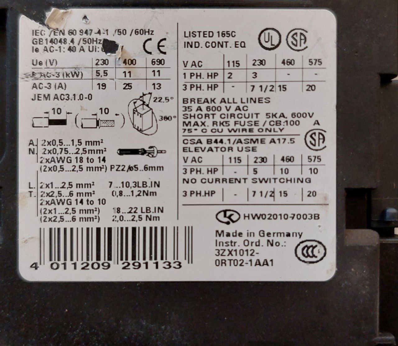 Siemens 3Rt1026-1B..0 Power Contactor 690V 35A 600Vac 500V Dc24V