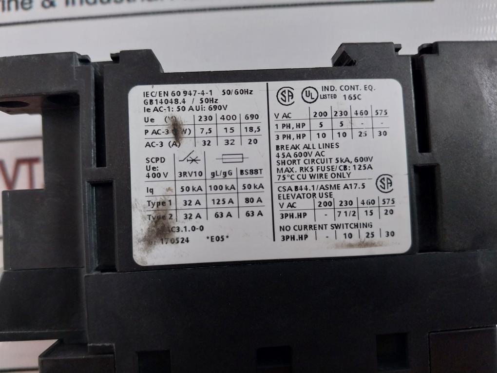Siemens 3Rt1034-1Al20 Contactor 690V