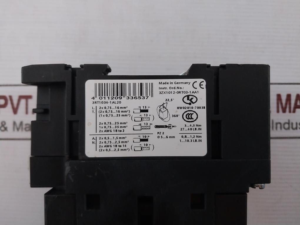 Siemens 3Rt1034-1Al20 Power Contactor 3Rt1926-1Bd00 45A 600Vac 230V 50/60Hz