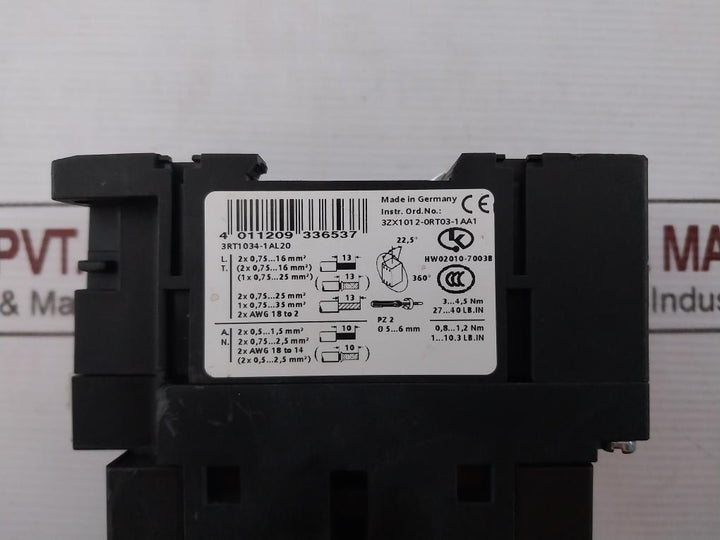 Siemens 3Rt1034-1Al20 Power Contactor 3Rt1926-1Bd00 45A 600Vac 230V 50/60Hz