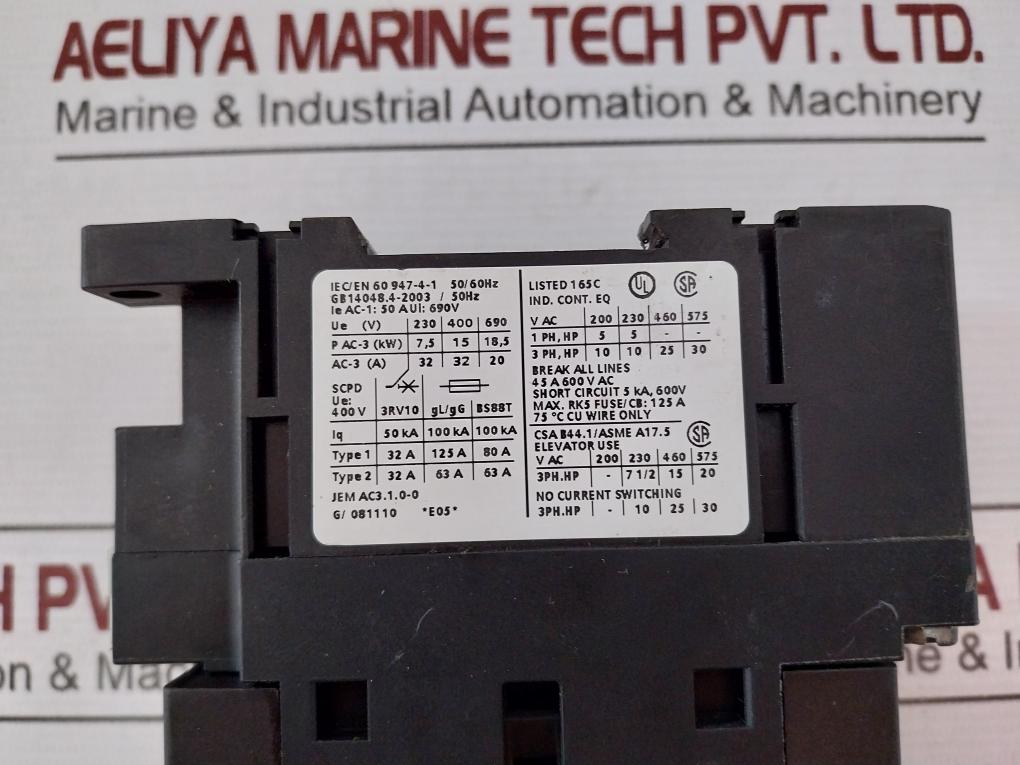 Siemens 3Rt1034-1Al20 Sirius 3-pole Power Contactor 32A 15Kw/400V 230V Ac