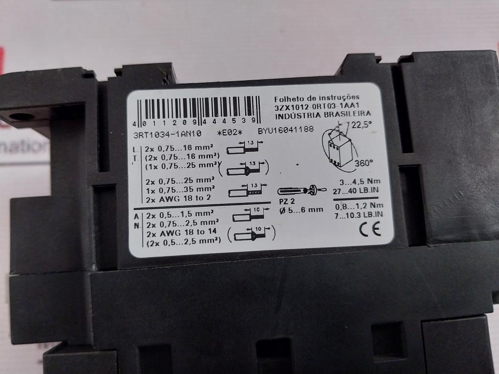 Siemens 3Rt1034-1An10 Power Contactor With Auxiliary Switch Block 3Rh1921-1Ha22