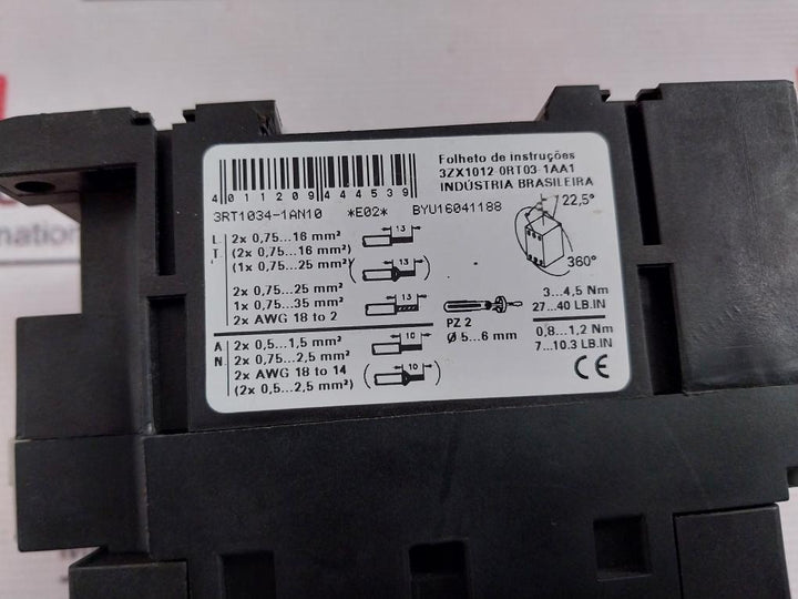 Siemens 3Rt1034-1An10 Power Contactor With Auxiliary Switch Block 3Rh1921-1Ha22