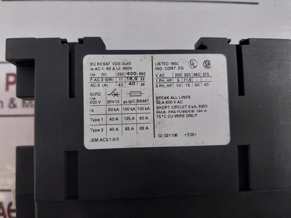 Siemens 3Rt1035-1Bb40 Contactor 10006-sp-e 276, 690V 60A