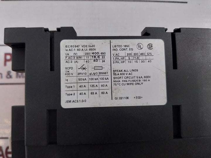 Siemens 3Rt1035-1Bb40 Contactor 10006-sp-e 276, 690V 60A