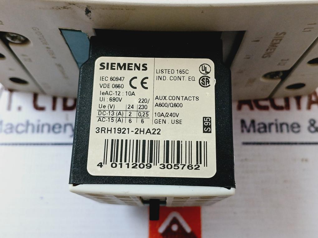 Siemens 3Rt1044-3Bb40 Power Contactor W/ 3Rh1921-2Ha22 Auxiliary Switch Block