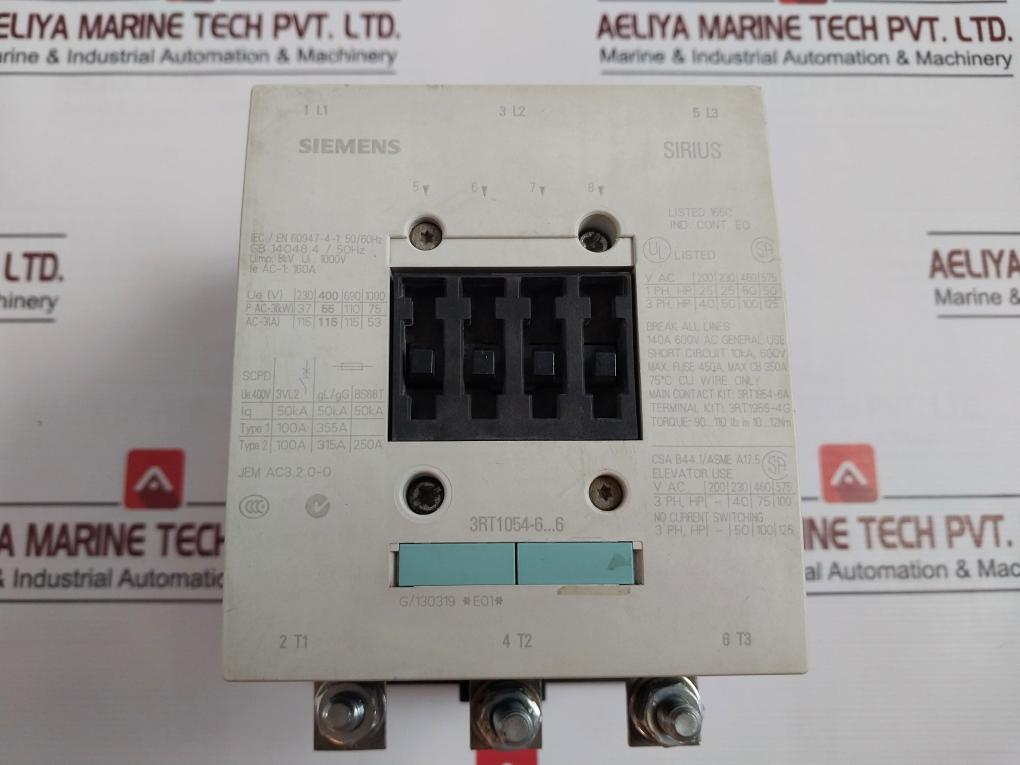 Siemens 3Rt1054-6Af36 Power Contactor 50/60 Hz 1000V 160A Jem Ac3.2.0-0