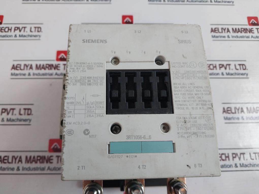 Siemens 3Rt1056-6Ar36 Power Contactor With 3Rh1921-1Da11 Auxiliary Contact Block