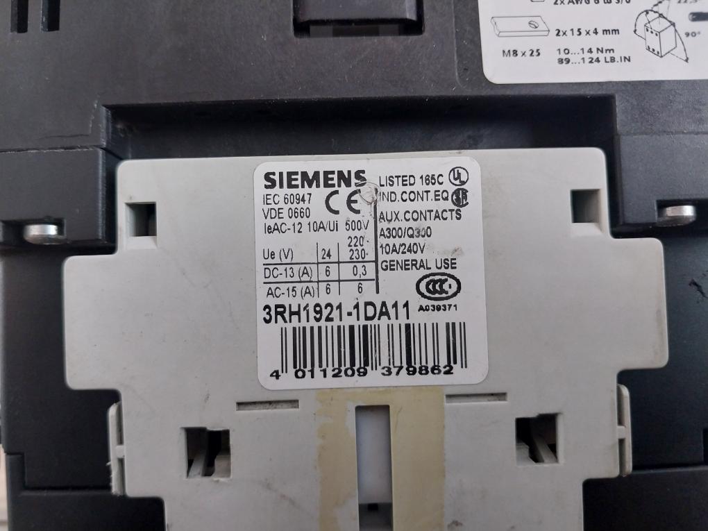 Siemens 3Rt1056-6Ar36 Power Contactor With 3Rh1921-1Da11 Auxiliary Contact Block