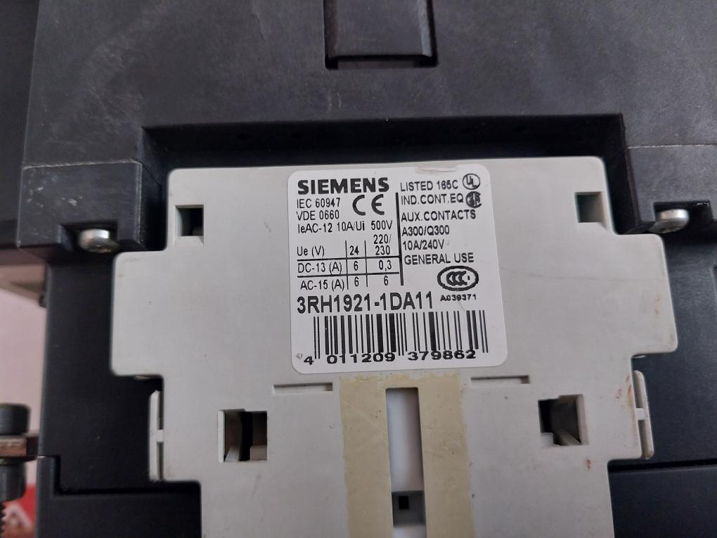 Siemens 3Rt1056-6Ar36 Power Contactor With 3Rh1921-1Da11 Auxiliary Contact Block