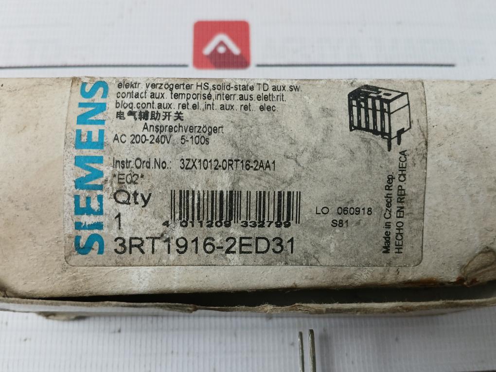 Siemens 3Rt1916-2Ed31 Solid-state Time-delay Relay Ac 200-240V Iec 255 Vde 0660