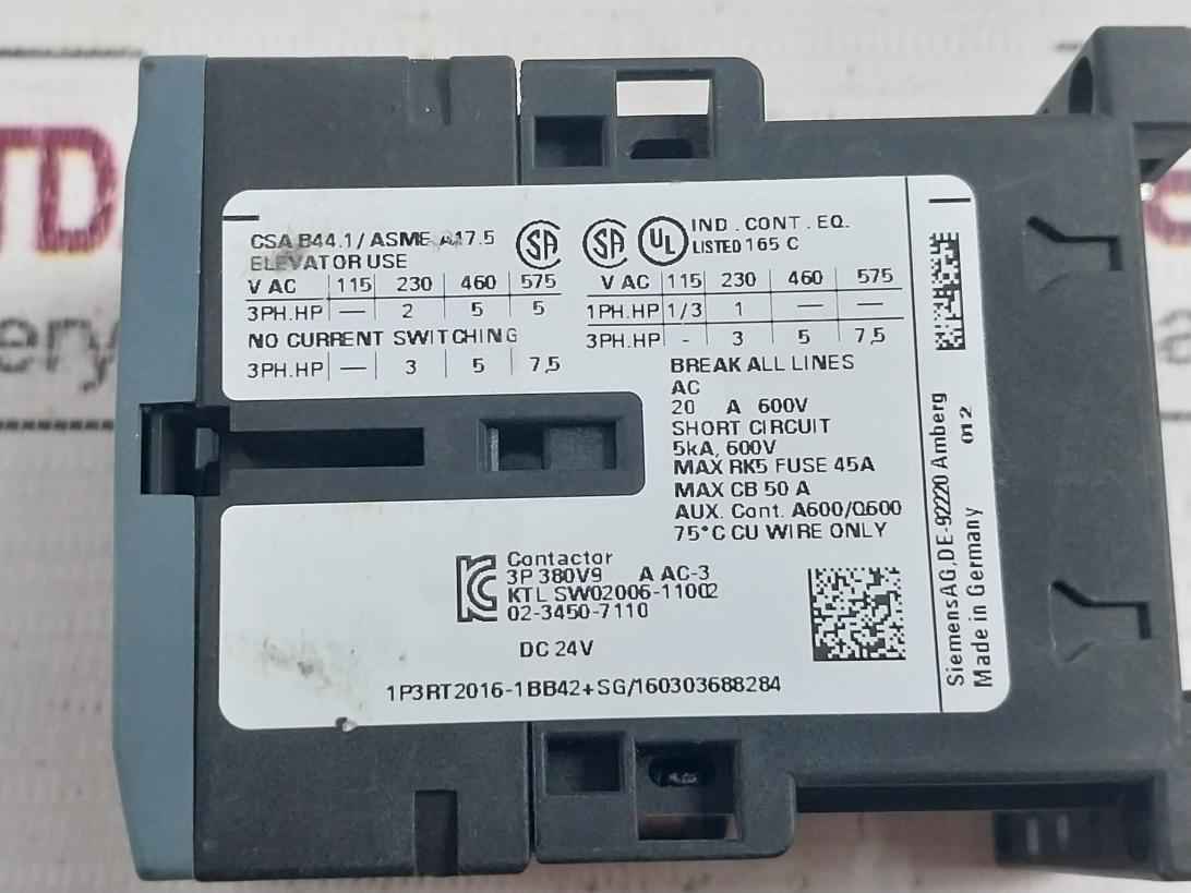 Siemens 3Rt2016-1Bb42 Contactor Iec/En/K 60947-4-1 50/60Hz Gb14048.4/50Hz