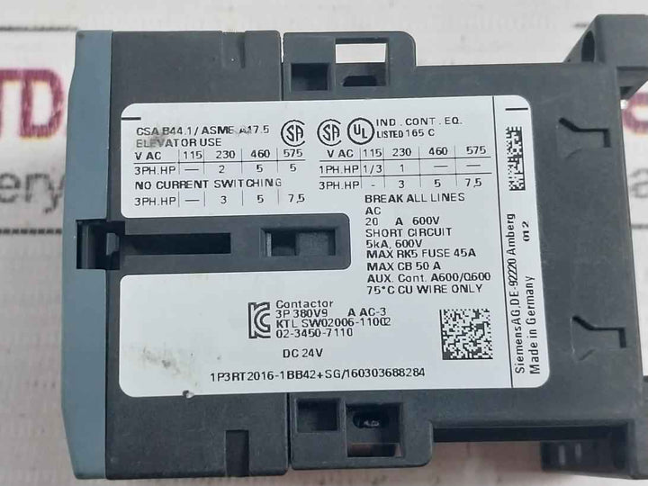 Siemens 3Rt2016-1Bb42 Contactor Iec/En/K 60947-4-1 50/60Hz Gb14048.4/50Hz