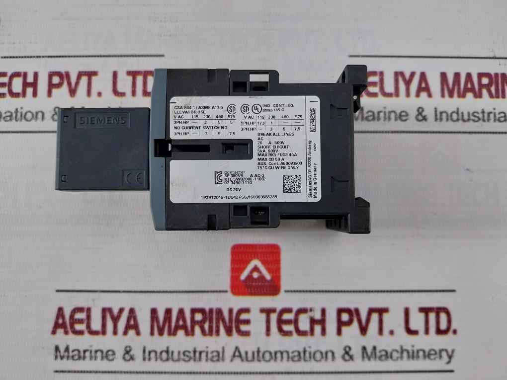 Siemens 3Rt2016-1Bb42 Power Contactor 50/60Hz 20A 600V