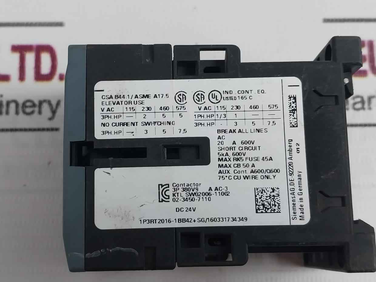 Siemens 3Rt2016-1Bb42 Power Contactor With Surge Suppressor 20A 600V Csa B44.1
