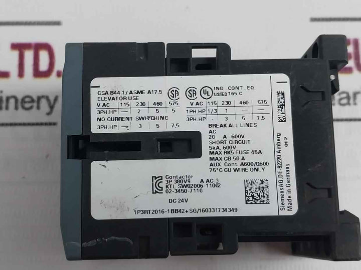 Siemens 3Rt2016-1Bb42 Power Contactor With Surge Suppressor 20A 600V Csa B44.1