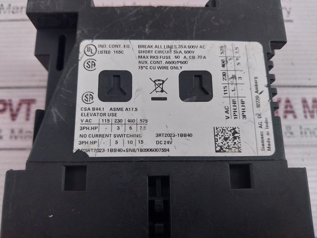 Siemens 3Rt2023-1Bb40 Power Contactor 35A 600V Ac