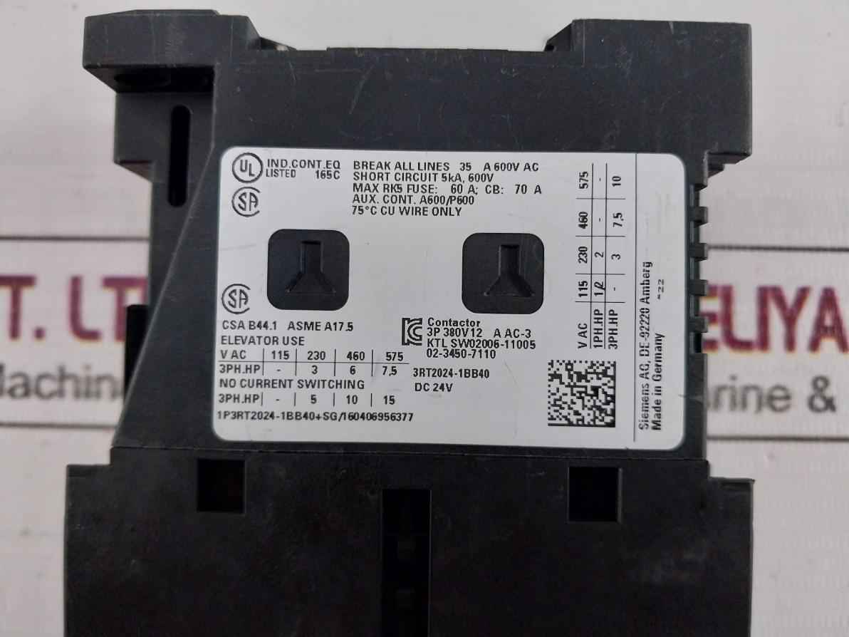 Siemens 3Rt2024-1Bb40 Contactor 24V Dc 35 A 600V Ac 690V