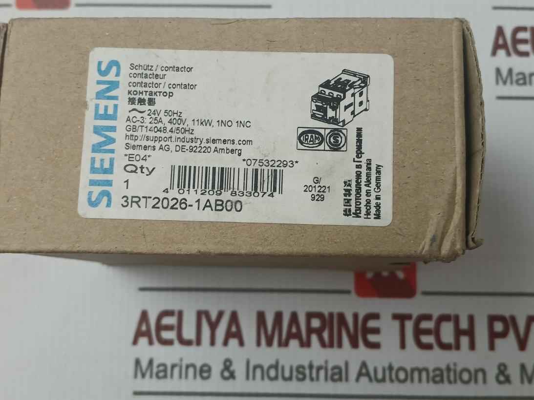 Siemens 3Rt2026-1Ab00 Sirius 3 Pole Power Contactor 24 Vac 25A 11W