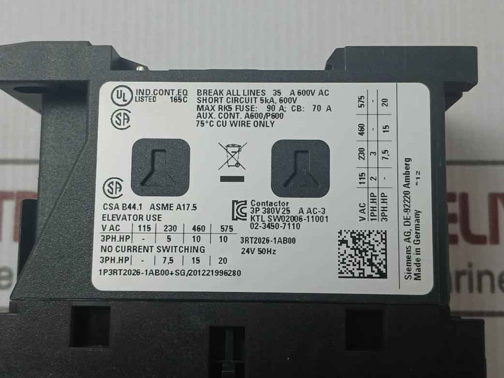 Siemens 3Rt2026-1Ab00 Sirius 3 Pole Power Contactor 24 Vac 25A 11W