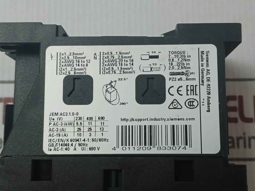 Siemens 3Rt2026-1Ab00 Sirius 3 Pole Power Contactor 24 Vac 25A 11W