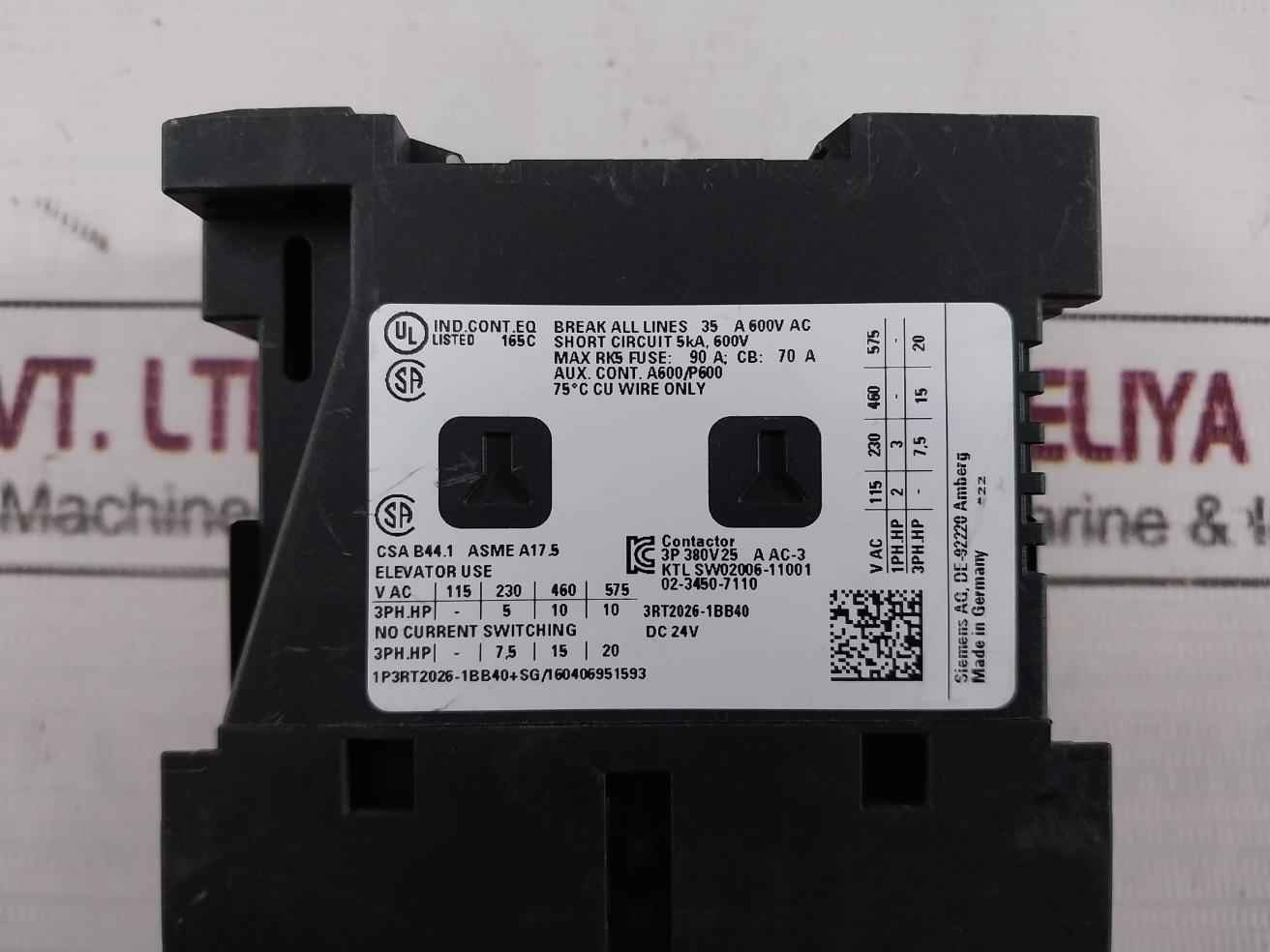 Siemens 3Rt2026-1Bb40 Power Contactor 24V Dc 690V 40A