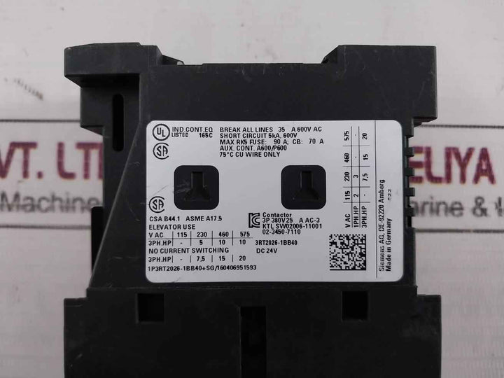 Siemens 3Rt2026-1Bb40 Power Contactor 24V Dc 690V 40A