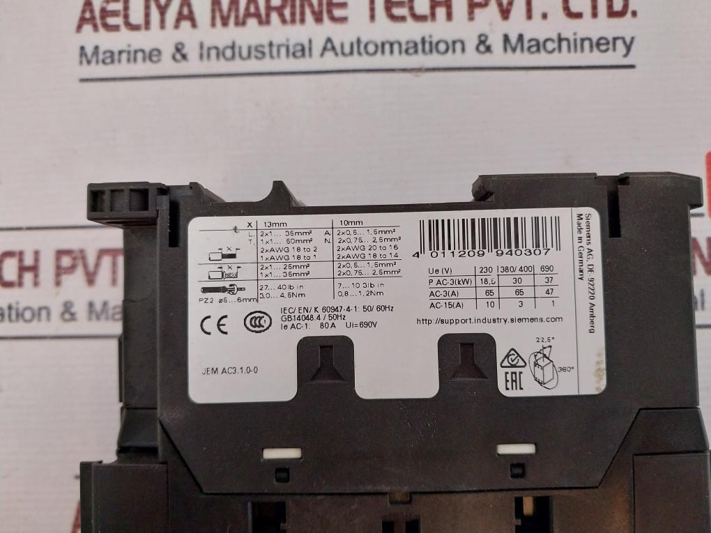 Siemens 3Rt2037-1Al20 Contactor 80A 230V 50/60Hz