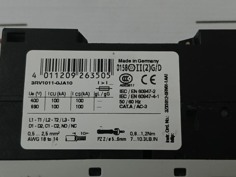 Siemens 3Rv1011-0Ja10 Circuit Breaker 50/60Hz Iec/En 60947-4-1 3Rv1901-1D