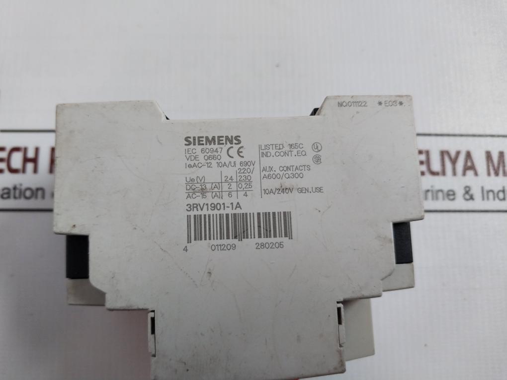 Siemens 3Rv1011-1Ea10 Motor Protection Circuit Breaker 3Rv1901-1A 10A/Ui 690V