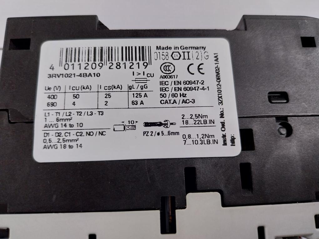 Siemens 3Rv1021-4Ba10 Circuit Breaker Size S0 For Motor Protection G/031016