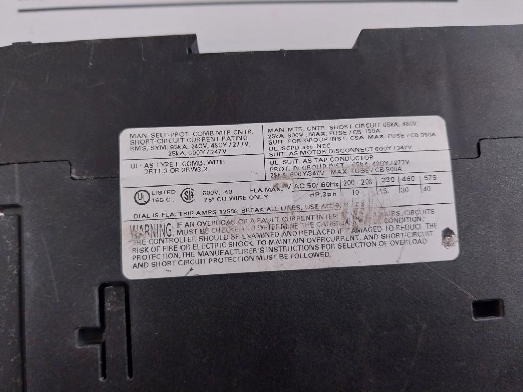 Siemens 3Rv1031-4Fa10 3 Pole Manual Motor Starter